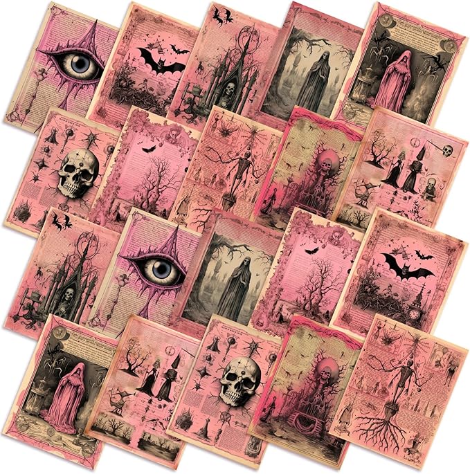Hahafelt 10 Pcs 18 x 22 Inch Pink Halloween Quilting Fabric Vintage Halloween Pink Ghost Fat Quarters Precut Retro Bat Skeleton Eyes Fabric Squares for Holiday Sewing DIY Handmade Craft