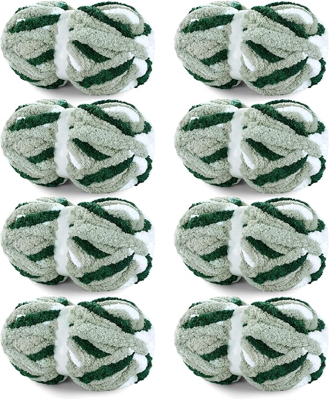 HOMBYS 8 Pack Giant Chunky Yarn for Crocheting and Hand Knitting: Super Bulky, Large Soft, Fluffy, Plush Fuzzy, Mixed Color Thick Chenille (Green Multi, White)