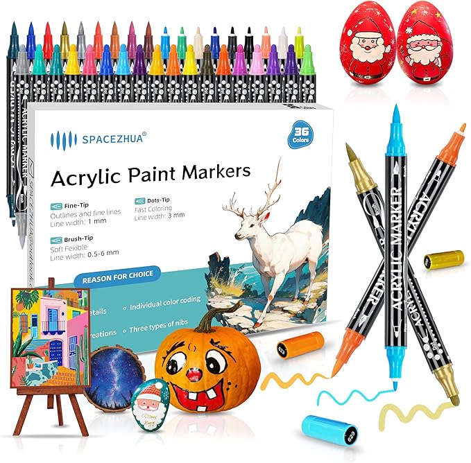 36 Colors Dual Tip Acrylic Paint Pens, Eco Friendly Non Toxic Non Odor Acrylic Paint Markers for Rock Painting, Fabric, Wood, Glass, Christmas Gifts for Teens - Grandkids DIY Art Supplies