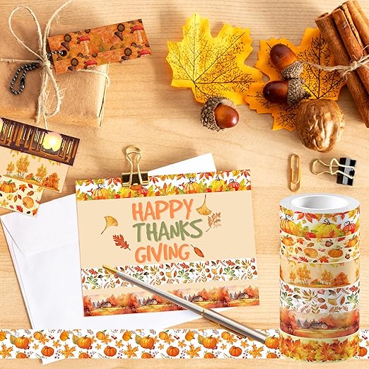 12 Rolls Fall Washi Tape, Autumn Maple Leaves Pumpkin Masking Washi Tape Fall Harvest Decorative Tape Sticker for Scrapbook, Journal, DIY Craft, Gift Wrapping, Card Making