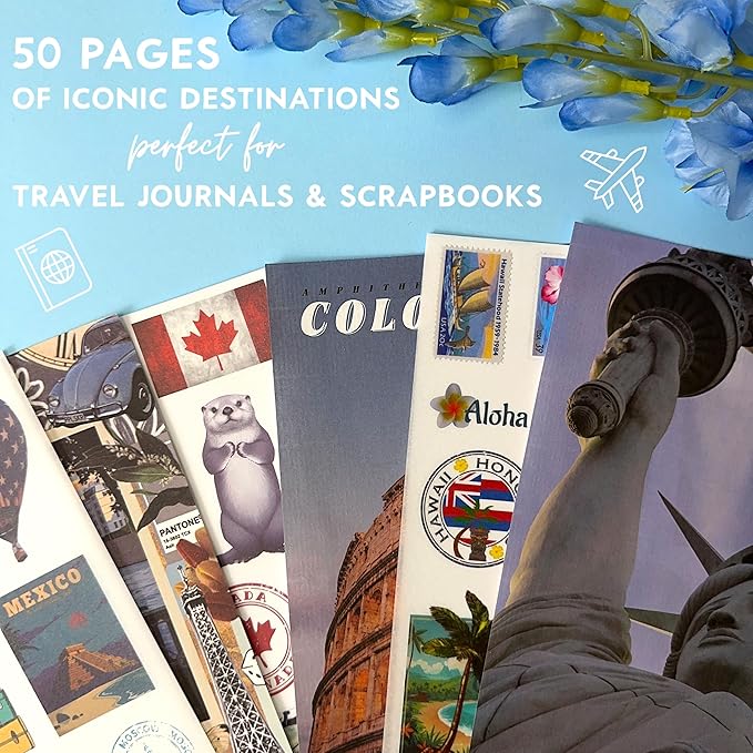 300+ Travel Stickers for Scrapbooking & 20 A5 Papers - Pre-Cut Washi Stickers for Journaling, Vintage Travel Scrapbooking Supplies, Junk Journals Stickers