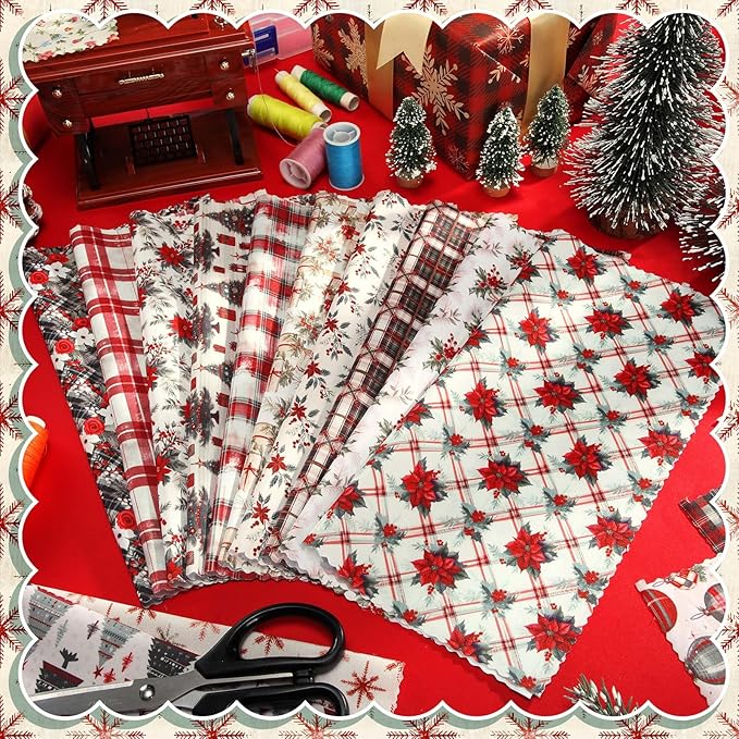 60 Pcs 10 x 10 Inch Vintage Poinsettia Christmas Quilting Fabric Christmas Fat Squares Patchwork Precut Red Buffalo Plaid Fabric Bundles for Xmas Winter Quilting Crafting DIY Craft Sewing