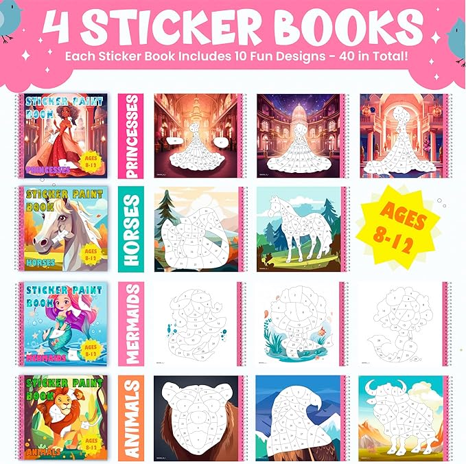 BulbaCraft 4Pcs Sticker Paint Books - Sticker Books by Number with Mermaids, Princesses, Animals and Horses - Coloring Activity