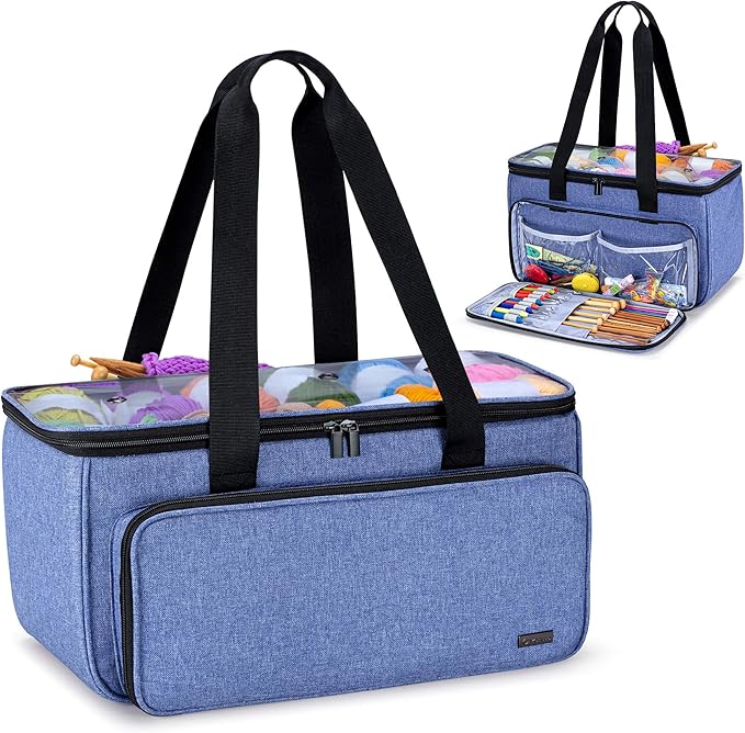 Yarwo Knitting Yarn Bag, Crochet Tote with Pocket for WIP projects, Knitting Needles(Up to 14”) and Skeins of Yarn, Christmas & New Beginnings Gifts for Women, Blue (Bag Only)