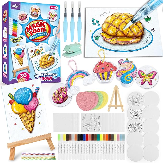 70PCS Magic Foam Texture Painting Kit, Magic Puffy Paint Kit with 30 Foam Texture Paper, 24 Colors Acrylic Paint Markers, Hole Punch Mini Display Stand, 3D Painting Craft Gift for Birthday, Christmas