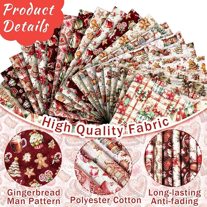 HunnmingRe 20 Pcs 10''x10'' Christmas Gingerbread Man Quilting Fabric Square Xmas Tree Santa Candy Cane Quiltted Fabric Bundle Mlticolor Precuts Printed Patchwork Supplies for Holiday DIY Sewing Craft