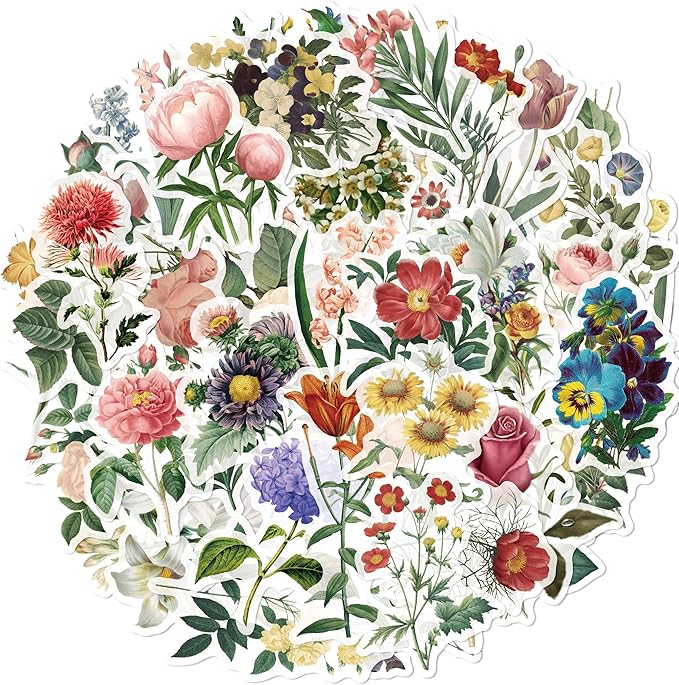 53-Piece Vintage Floral Washi Stickers – Retro Watercolor Aesthetic Botanical Flower Scrapbooking Stickers for Journals, Card Making, Decorative Art Crafts Projects