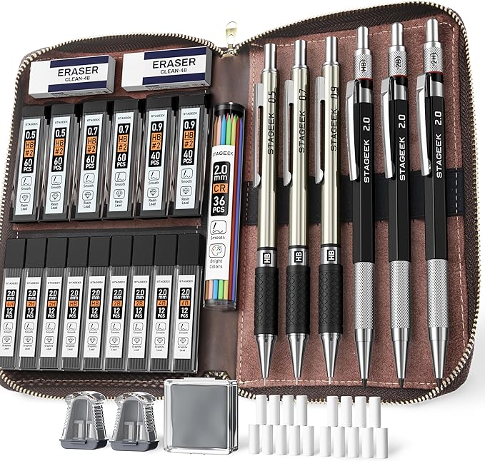 Mechanical Pencil Set with Leather Bag 30 Count, Drawing Pencils 0.5, 0.7, 0.9MM & 3PCS 2MM Sketching Pencils with 464PCS Lead Refills (6B 4B 2B HB 2H 4H Color) for Artist Drafting Drawing