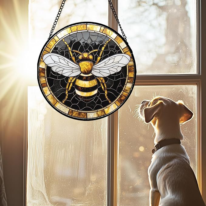 Stained Glass Window Hanging - Black Gold Bee White Wings Sun Catcher for Door Home Decor Insect Suncatcher Christmas Mother's Day Birthday Gifts for Women Men Lovers Mom Nana 6.3 in