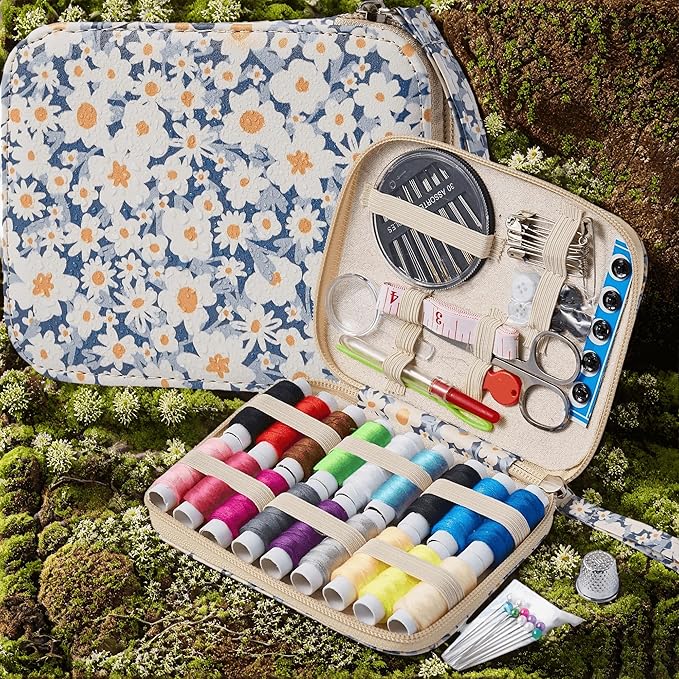 Daisy Sewing Kit Printing Sewing Kit,Professional Sewing Supplies for Adults, Zipper Sewing Needles Set, 87 PCS Travel Sewing Accessory for Emergency, Home