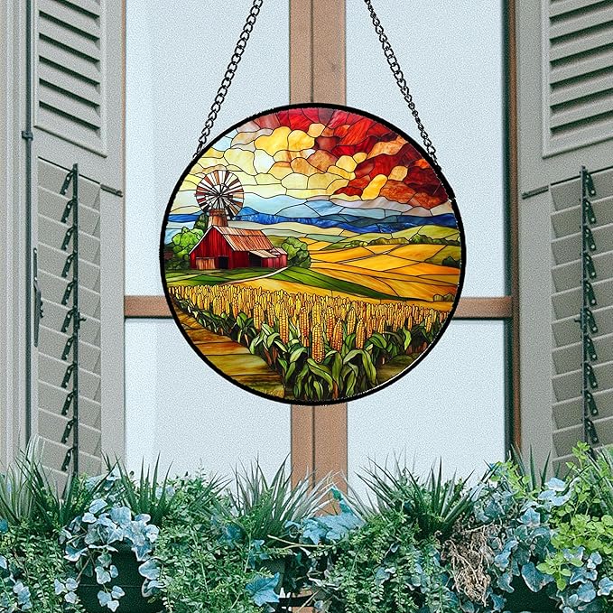 Stained Glass Window Hanging Autumn Farm Corn Harvest Landscape 9.8" - Suncatcher Garden Door Sun Catcher Home Decor Birthday Christmas for Woman Mom Friend Men Nana