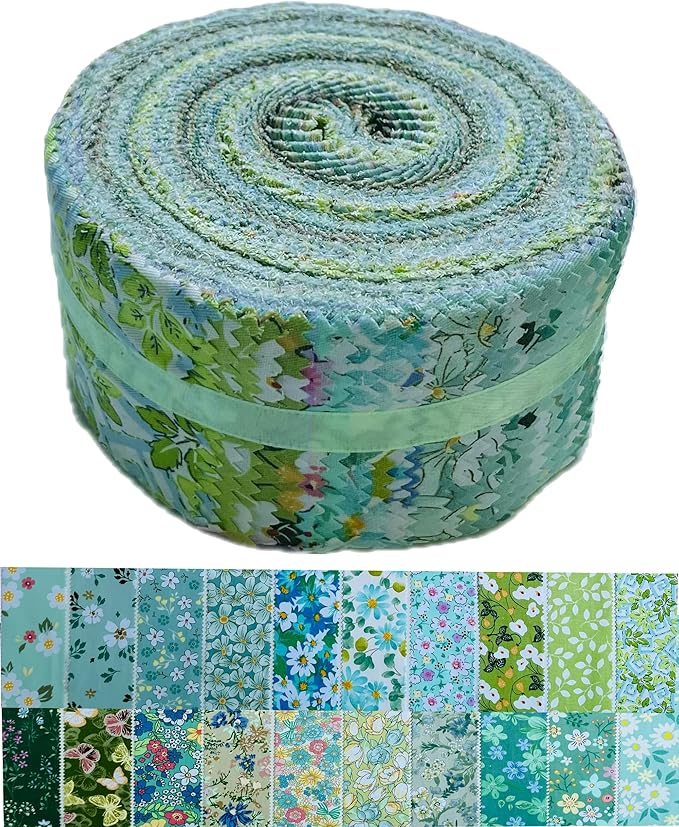 Jelly Roll Fabric 100% Cotton Quilting Fabric, 40 Pre-Cut Strips (2.5 x 44 Inch) for Quilting and Sewing - 20 Assorted Floral Prints- Green Mood