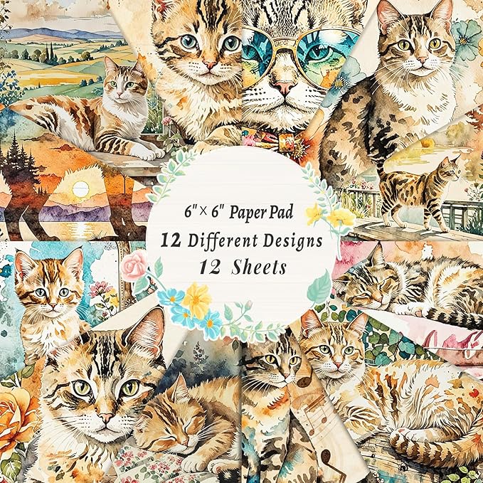 12 Sheets Vintage Cottagecore Watercolor Cat Scrapbook Paper Pack 6" x 6" – Floral Aesthetic Decoupage Craft Paper for Junk Journals, Card Making, Collage, DIY Art Supplies