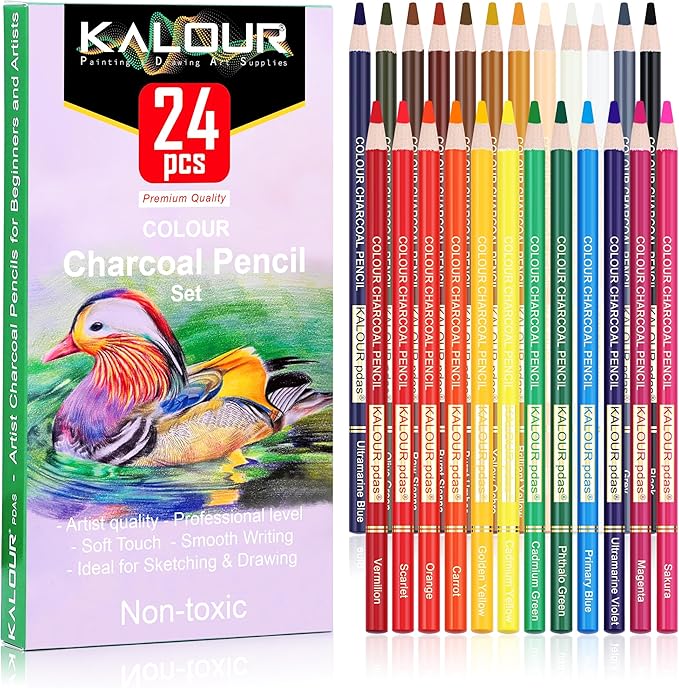 24 Premium Colored Charcoal Pencils Drawing Set, Quality Pastel Chalk Pencils, Skin Tone Colored, for Coloring, Sketching, Drawing, Layering & Blending for Beginners & Artists