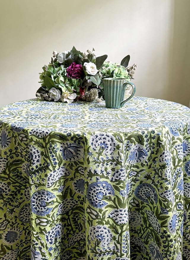 ATOSII Amara 100% Cotton Round Summer Tablecloth, Handblock Print Floral Table Cloth for Kitchen Dining Linen I Parties, Weddings, Outdoors I Grand Millennial Farmhouse Home Decor 72" Inches Round