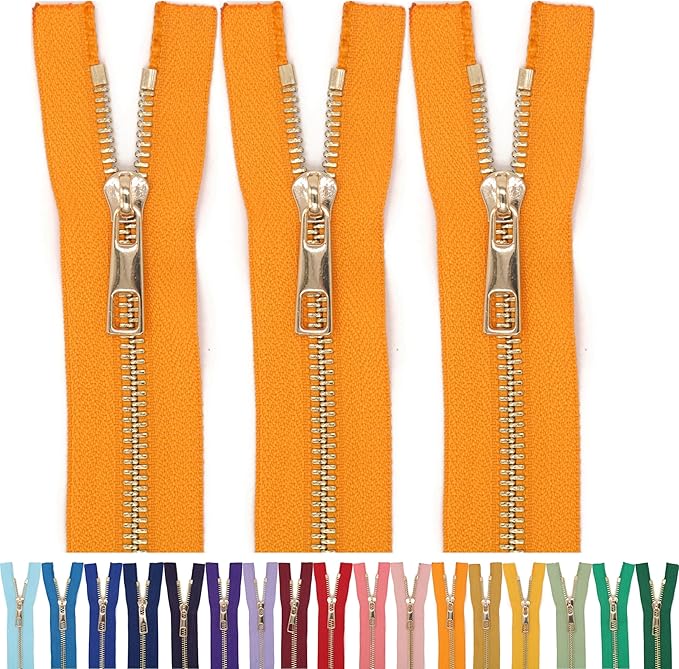 #5 Gold Metal Zipper - 50+ Colors - 3 PCS - (4-14 inches) Sizes - Luxury Lightweight Handcraft Metal Zippers with pulls for Purses Bags Pockets Shoes Sewing & Crafts DIY ZP021511