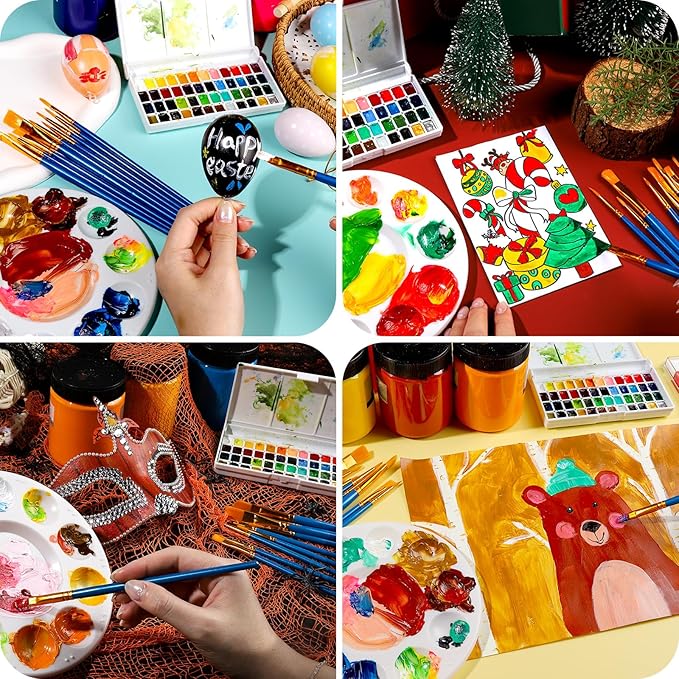 FANDAMEI Paint Brushes & Round Paint Palette Set, Paintbrushes, Synthetic Paint Brush, Brushes for Painting, Plastic Paint Tray Palettes, Paint Brushes for Acrylic Painting, Watercolor, Rock Painting