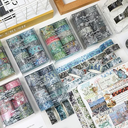 12 Rolls Flowers Washi Tape Set Floral Arts Adhesive Tapes Splast Silver Decorative Masking Tape Sets for Craft, Kids, Scrapbook, DIY, Gift Wrapping (Spring Serenity)