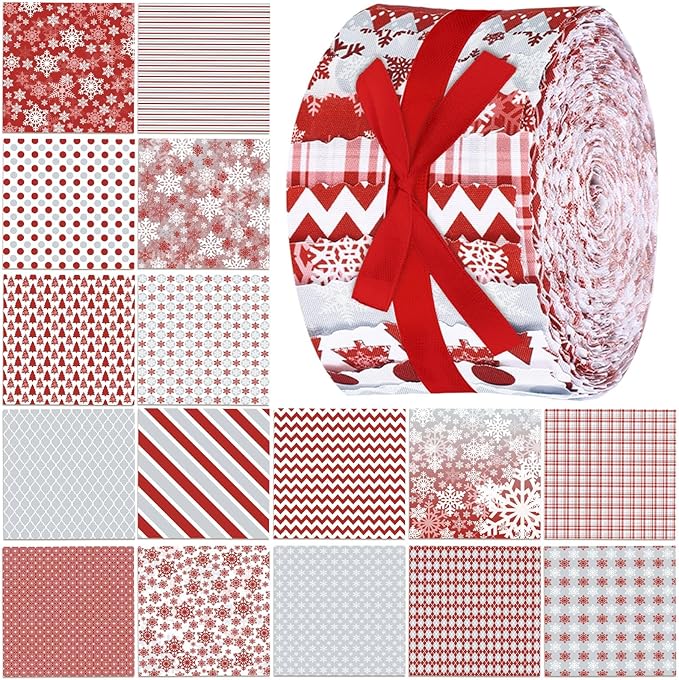 Fanfanwin 40 Pcs Red and Grey Christmas Quilting Fabric Roll 2.56 Inch Precut Fabric Squares Jelly Patchwork Snowflake Red Plaid Strips Materials for Winter Xmas Holiday Craft Sewing Panels DIY