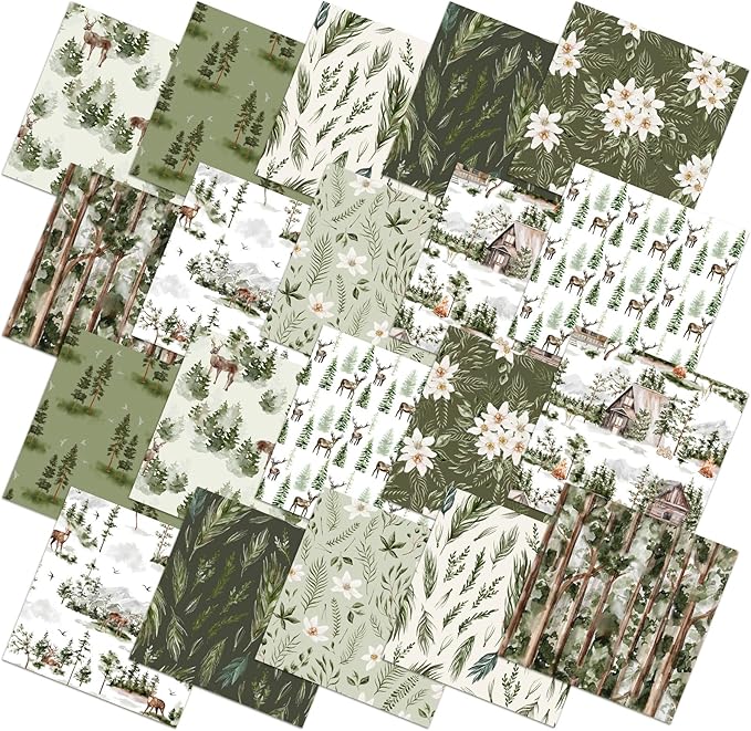Hahafelt 10 Pcs Watercolor Forest Quilt Fabric Bundles 18 x 22 Inch Vintage Green Christmas Tree Flower Deer Fat Quarter Xmas Rustic Quilting Patchwork for DIY Handmade Sewing Crafting