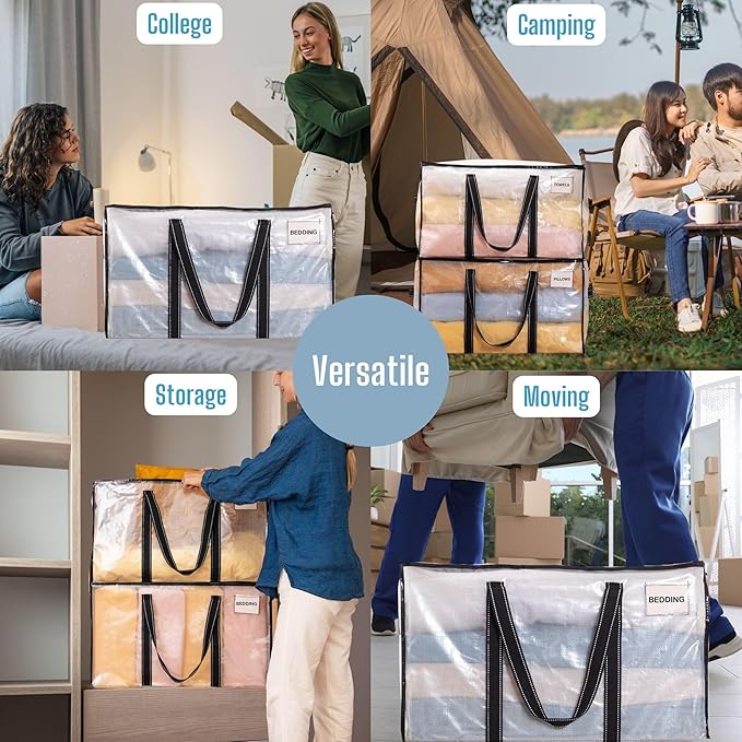 VENO 4 Pack Moving Bags & Large Christmas Storage Bins with lids for Decorations, Garland, Lights. Moving Boxes Packing Supplies for College Dorm. Extra Large Heavy Duty Totes (Clear-4 Pack)