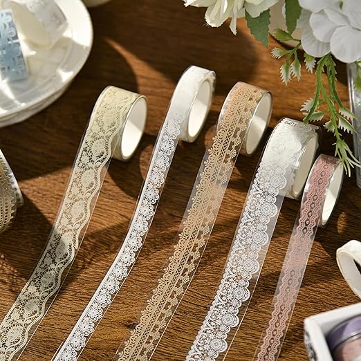 6 Rolls Lace Patterns PET Tapes Floral Arts Decorative Tape Set Adhesive Transparent Masking Tapes for DIY Craft, Kids, Scrapbook, DIY, Gift Wrapping, Journal (Black and White)