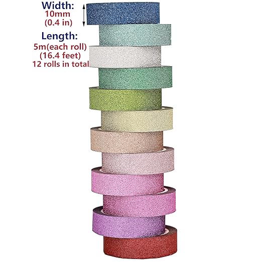 YUKUNTANG Glitter Washi Tape Set, 12 Rolls, 10mm x 66 Yards, Metallic Foil Sparkle Decorative Craft Tape for DIY Art, Scrapbooking, Journaling, Gift Wrapping