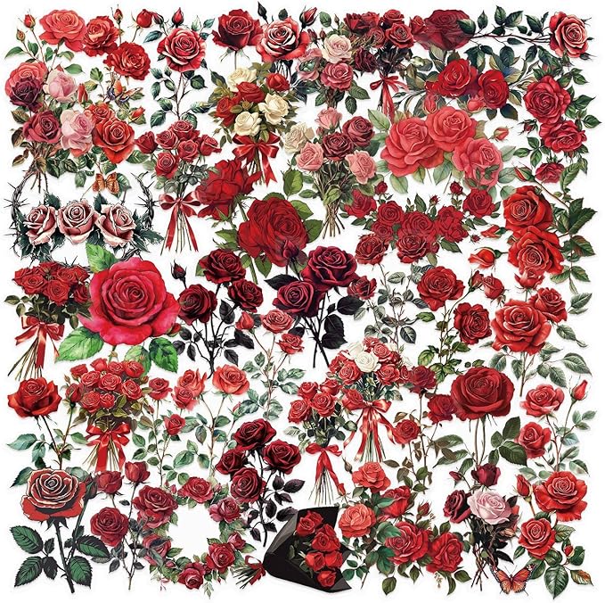 50 Pcs Vintage Red Rose Stickers for Scrapbooking – Retro Floral Clear Botanical Flower Stickers for Journaling, Aesthetic Decor, Collage, Cards Crafts