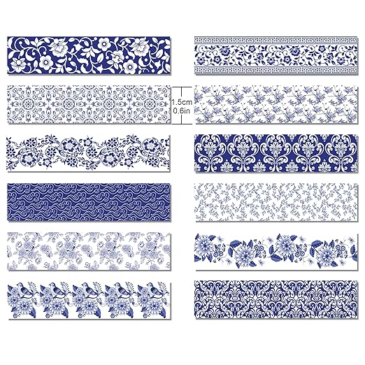 12 Rolls Blue and White Porcelain Washi Tape Set, Chinoiserie Patterned Washi Tape Decorative Sticker DIY Craft for Scrapbook Supplies