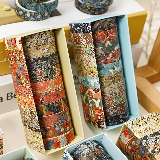 10 Rolls Ukiyo-e Style Washi Tape Set Japanese Kyoto Arts Adhesive Tapes Skinny Decorative Masking Tape Sets for Craft, Kids, Scrapbook, DIY, Gift Wrapping (Golden Seasons)