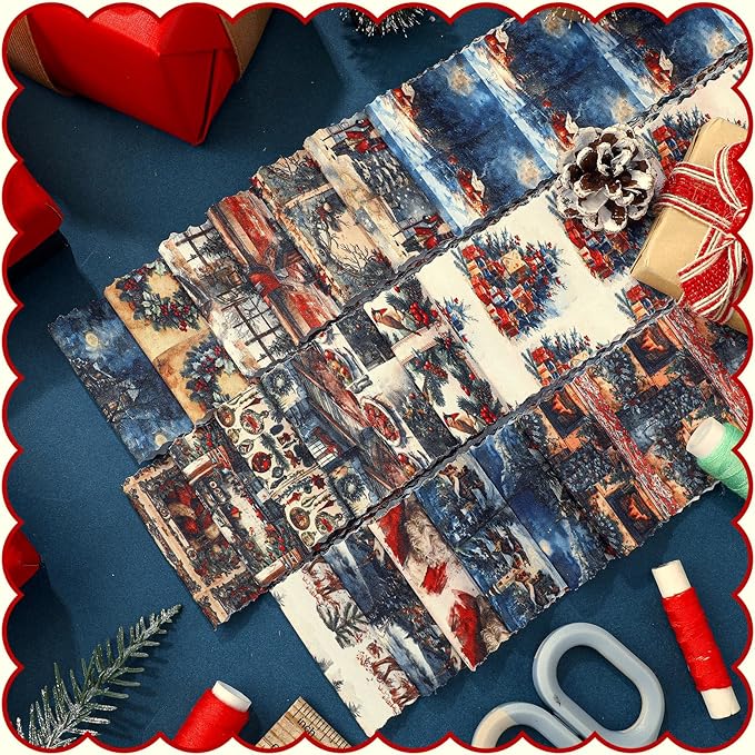 Ganeen 100 Pcs Vintage Christmas Quilting Fabric Roll 2.56 x 20.08 Inch Santa Reindeer Fabric Jelly Square Patchwork Nutcracker Cardinal Precut Strip Bundle for Winter Xmas Craft DIY Sewing Material