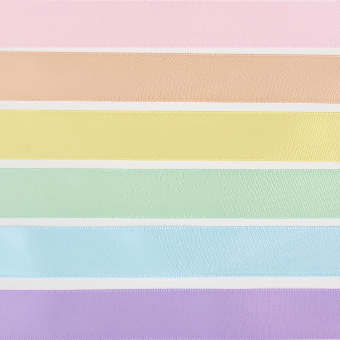 Pastel Ribbon 1 Inch Pastel Rainbow Satin Colorful Assorted Ribbon 6 Rolls for Gift Wrapping, Multicolor Flower Bouque Crafts Birthday Party Wedding - 60Yards