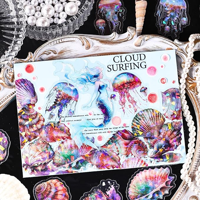 120Pcs Holographic Sea Animal Stickers - Transparent Ocean Life Decals Featuring Jellyfish, Seahorses, Dolphins, Whales, Conch Shells for Scrapbooking, Journals, Resin Art Projects