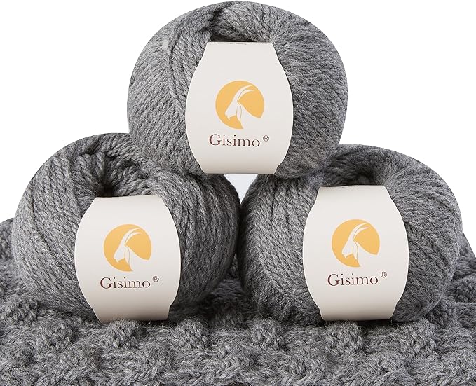 100% Merino Wool Yarn, 3-Ply Luxurious and Soft Yarn for Hand Knitting & Crocheting (Dark Gray, 3Balls)