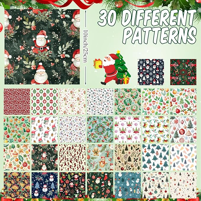 Tatuo 30 Pcs 10 x 10 Inches Christmas Cotton Fabric Bundle Squares Patchwork Floral Fabric Sewing Quilting Bundles Assorted Pattern Cloth for DIY Scrapbook Craft Making