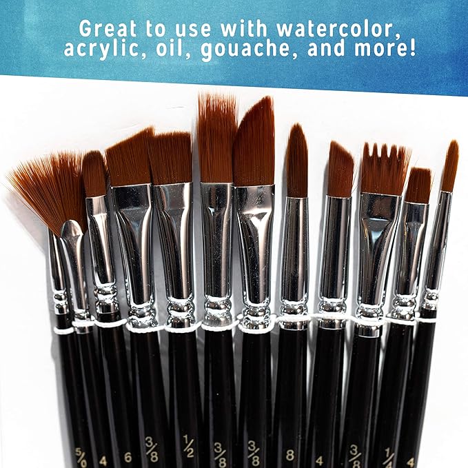 Crafts 4 All Acrylic Paint Brushes - Pack of 12 Professional, Wide and Fine Tip, Nylon Hair Artist Paintbrushes - Paintbrush Bulk Set for Watercolor, Canvas, Craft, Detail & Oil Painting