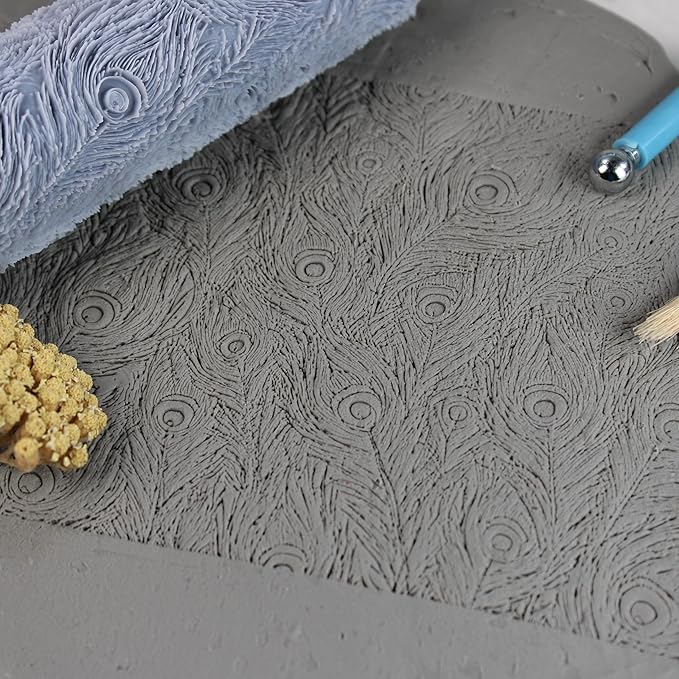 Peacock Feathers Clay Texture Roller (4") - Seamless Set #02 - Embossing Pattern Roller for Polymer & Ceramic Clay, Pottery & Crafts