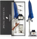 VANGOAL Dragon Quill Pen and Ink Set, Vintage Dragon Feather Pen with Novelty Pen Base, Retro Carving Dip Pen Calligraphy Pen Gift Set for Writing, Drawing(Dark Blue)