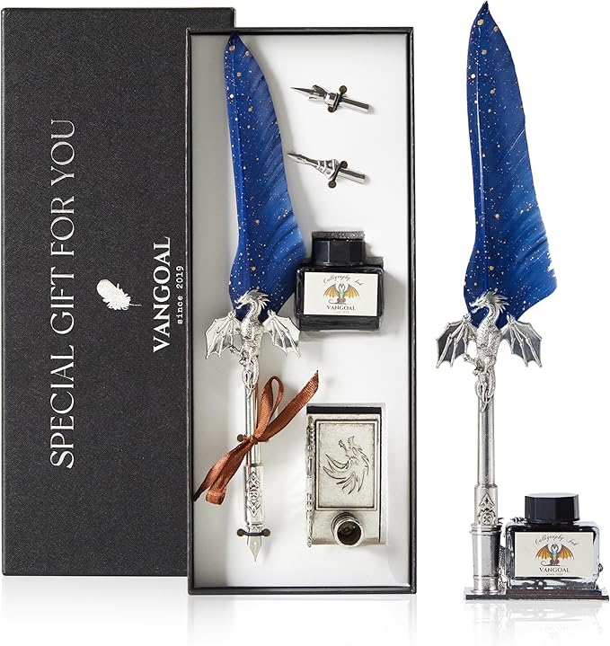 VANGOAL Dragon Quill Pen and Ink Set, Vintage Dragon Feather Pen with Novelty Pen Base, Retro Carving Dip Pen Calligraphy Pen Gift Set for Writing, Drawing(Dark Blue)