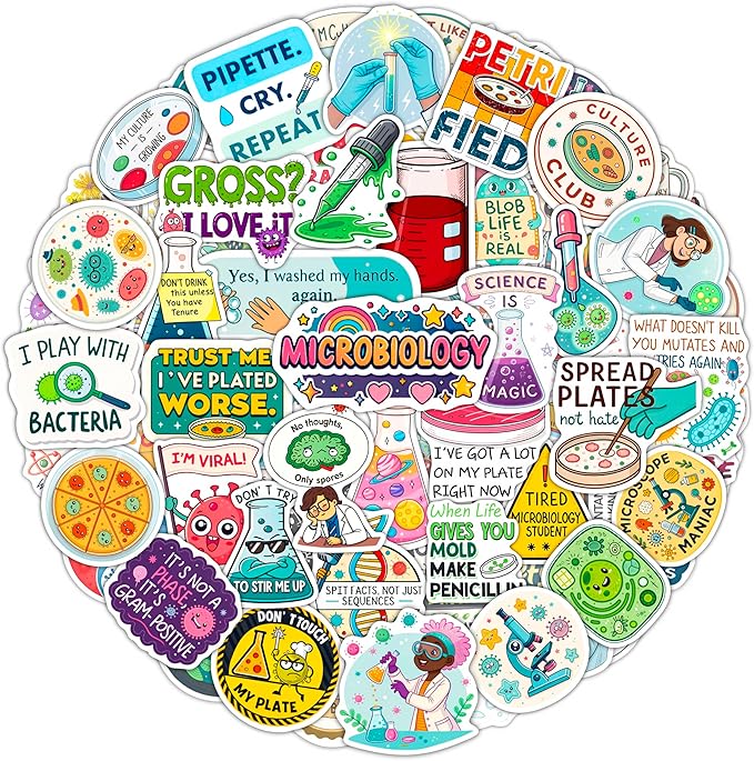 100Pcs Funny Microbiology Vinyl Stickers for Water Bottle, Laptop -Nerd Biology Stickers - Microbiology Gifts, Party Supplies - Gift for Women & Men