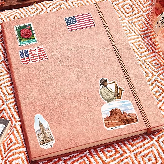 Navy Peony Iconic USA Travel Stickers (28pcs) - Hand-Illustrated, United States, American-Themed Vacation Decals for Journals, Scrapbooks, Luggage