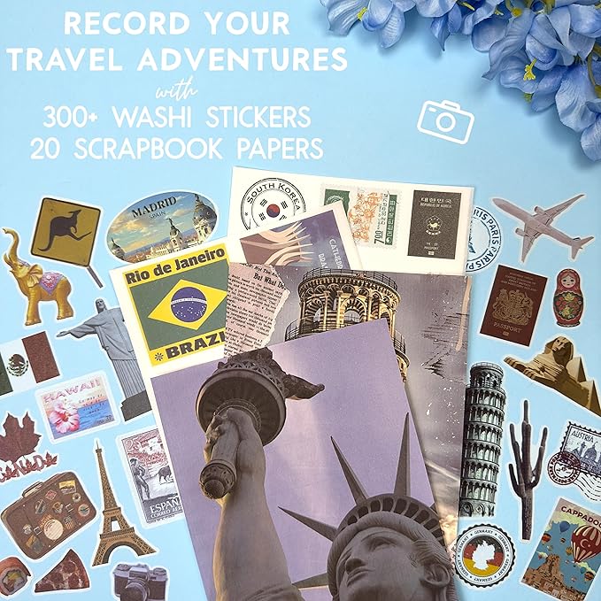 300+ Travel Stickers for Scrapbooking & 20 A5 Papers - Pre-Cut Washi Stickers for Journaling, Vintage Travel Scrapbooking Supplies, Junk Journals Stickers