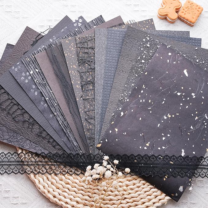 15Pcs Handmade Scrapbook Art Paper Craft Textured Paper Colorful A5 sheet Mesh Special Paper Mix for Scrapbooking Junk Journal Journaling Supplies DIY Materials,5.8x8.2 inches (Black)