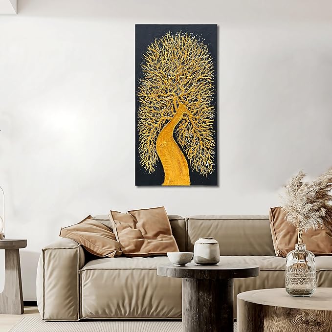 Art Hand-Painted Black and Gold Tree Texture Abstract Oil Painting 48x24-inch Vertical Canvas Painting for Home and Office Wall Decoration Art