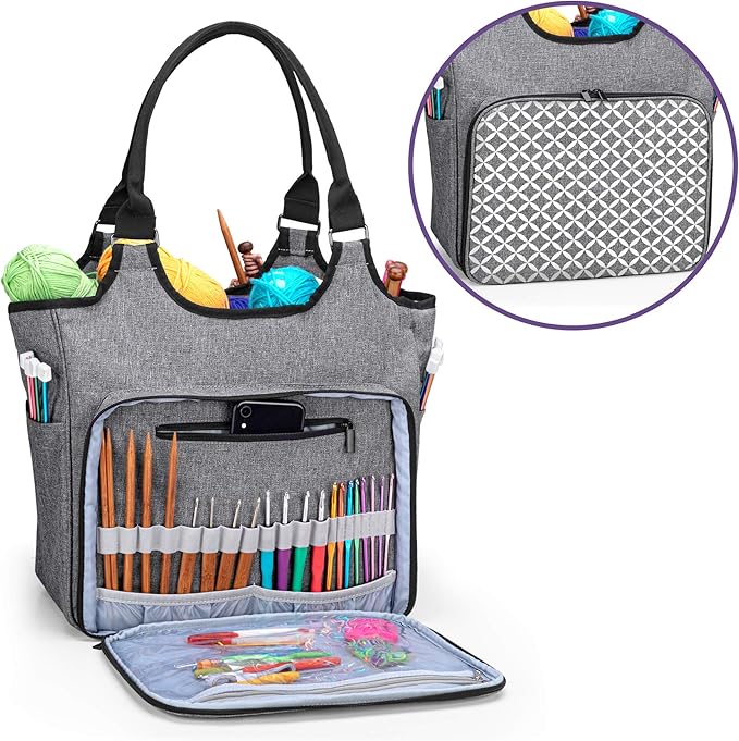 YARWO Knitting Tote Bag, Yarn Storage Organizer for Yarn Skeins, Knitting Needles, Crochet Hooks and Knitting Projects, Christmas & New Beginnings Gifts for Women, Gray with Grid (Patent Pending)