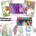 Adult Coloring Book with 24 Dual Tip Colors Markers, 12 Pcs Premium Coloring Pages & 2 Pcs Wooden Photo Frames & 24 Colors Markers, Mindfulness Art-Painting-Kits Gifts for Women - Flowers