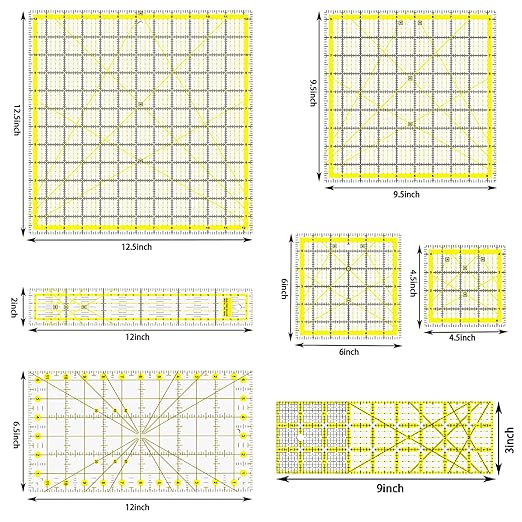 Quilting Rulers, 7 Piece Acrylic Ruler, Fabric Cutting Ruler (12.5"X12.5", 9.5"X9.5", 6"X6", 4.5"X4.5",12"x6.5",9"x3",12"x2"), Sewing & Quilting Templates