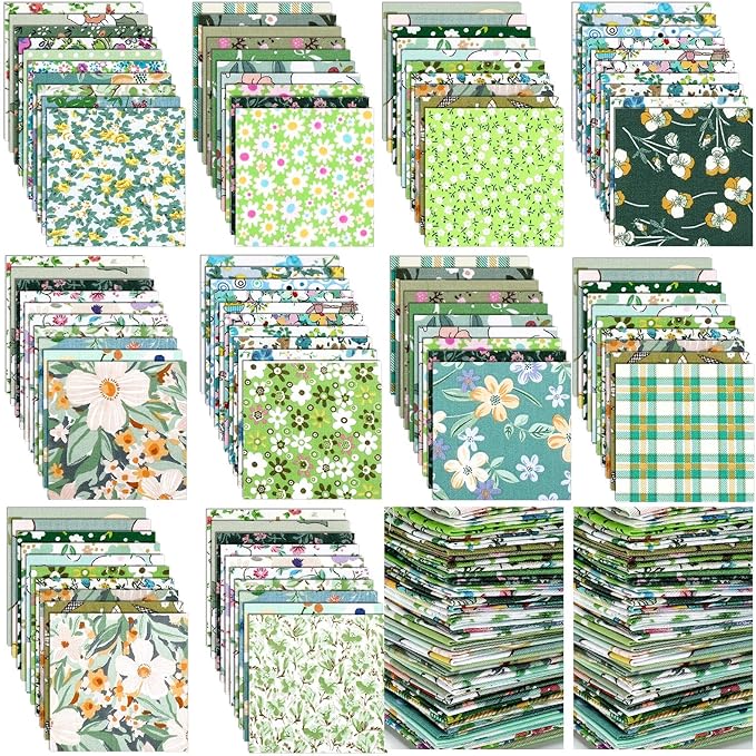 Kinlop 600 Pcs 5 x 5 Inch Floral Charm Packs for Quilting Green Flower Cotton Fabric Square Bulk Precut Fabric Squares Strips Printed Green Floral Patchwork for DIY Craft Sewing Accessory