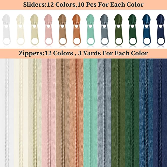 Syhood 36 Yards 12 Pieces #5 Sewing Zippers Tapes Assorted Nylon Lightweight with 120 Plastic Zipper Sliders for Women Men Sewing Supplies(Morandi Color)