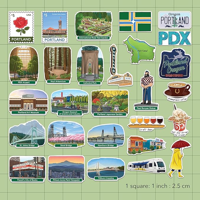 Navy Peony Hipster Portland Travel Stickers (28pcs) - City of Roses, Oregon, America City-Themed Vacation Stickers for Scrapbooking, Journals